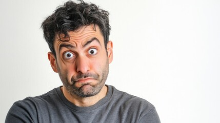 Obraz premium Portrait of a bored, disappointed, and annoyed man with a tired expression, communicating a sense of confusion and frustration, against a white background with ample copy space.