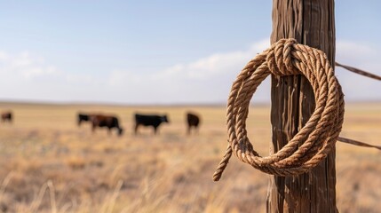 Rustic ranch landscape with rope and cattle grazing in open field