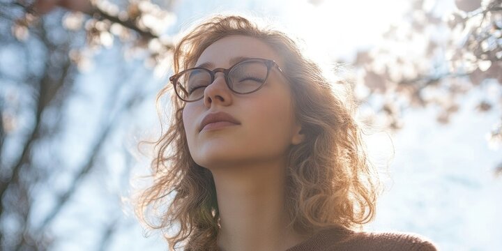 A young woman sporting curly blonde hair and wearing glasses is seen contemplating deeply outside during the spring season, captured from the front.