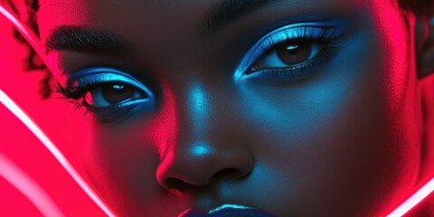 A tightly framed portrait showcases a young female with fashionable neon cosmetics and striking blue eyeshadow. The makeup is trendy and eye catching.