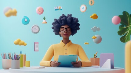 High-resolution 3D scene of a business professional journaling in a calm workspace, surrounded by floating icons representing goals, inspiration, and mindfulness