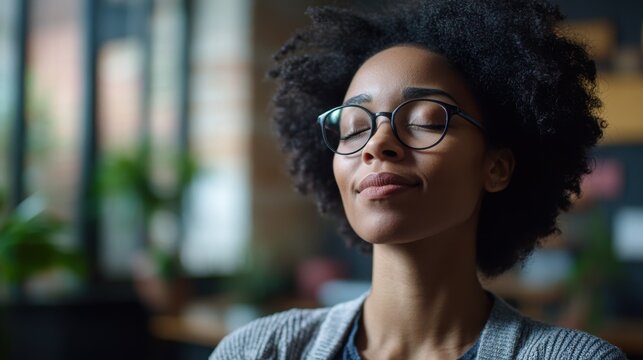 3D close-up of a peaceful executive with eyes closed, practicing breathing exercises in an office filled with visual reminders of goals and a mindful approach