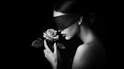Amidst the shadows, a woman gracefully clutches a delicate rose, her face partially veiled in silk. The moment radiates tranquility and emotion, evoking a sense of mystery.