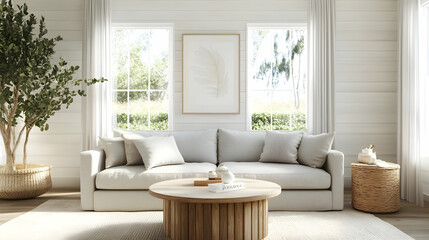 Cozy Minimalist Farmhouse Living Room with White Shiplap Walls, Gray Sofa, Natural Wood Coffee Table, and Soft Lighting for a Welcoming, Rustic Atmosphere
