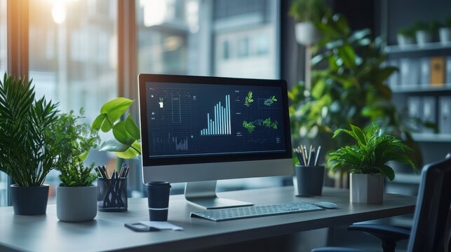 3D high-definition illustration of a professional workspace with plants, calm colors, and icons symbolizing focus, goals, and a mindful business mindset