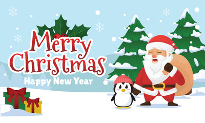 Merry Christmas and Happy new year banner poster vector design with illustration of Santa Claus and Little penguin standing in front of winter background with pine tree and Gift box
