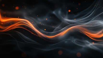 Fototapeta premium Abstract orange and white smoke waves with glowing particles on black background.