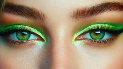 Obraz premium Female face highlighted with striking green eyes accentuated by winged eye makeup in a beautifully styled frame. Ideal for fashion and beauty visuals, with ample copy space.