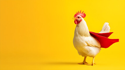 Fototapeta premium A minimalist chicken wearing a tiny superhero cape, standing in an epic pose.