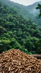 Obraz premium Renewable Energy Source: Sustainable Wood Pellets in a Lush Green Forest Setting for Eco-Friendly Solutions