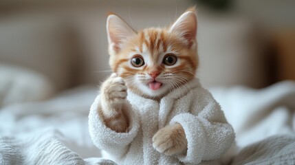 Obraz premium Ginger kitten wearing bathrobe sticking out tongue on bed