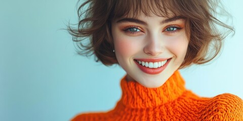 A fashionable woman with a chic short hairstyle dons a bright orange knitted top, radiating both elegance and self assurance through her warm smile.