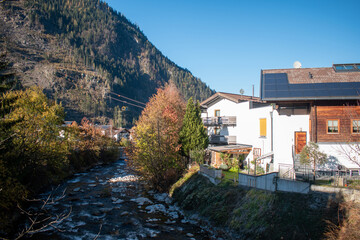 Small Austrian town Mayerhofen, Tyrol. Austrian Alps sunny day town city.