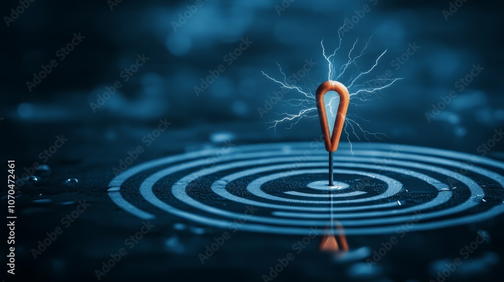Poster a red pin with lightning bolts coming from the top is stuck in the center of a bullseye target on a 