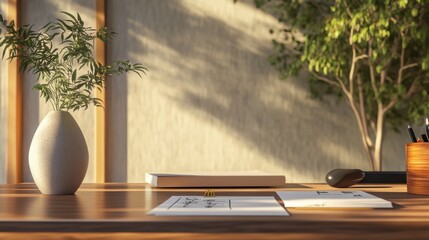 Realistic 3D scene of a professional at a desk with mindful decor, goal notes, and a serene background representing a balanced business mindset