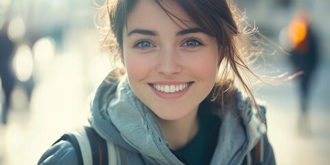 A woman wearing a grey jacket is smiling as she gazes directly at the camera. Her expression shows happiness as she looks into the lens of the camera.