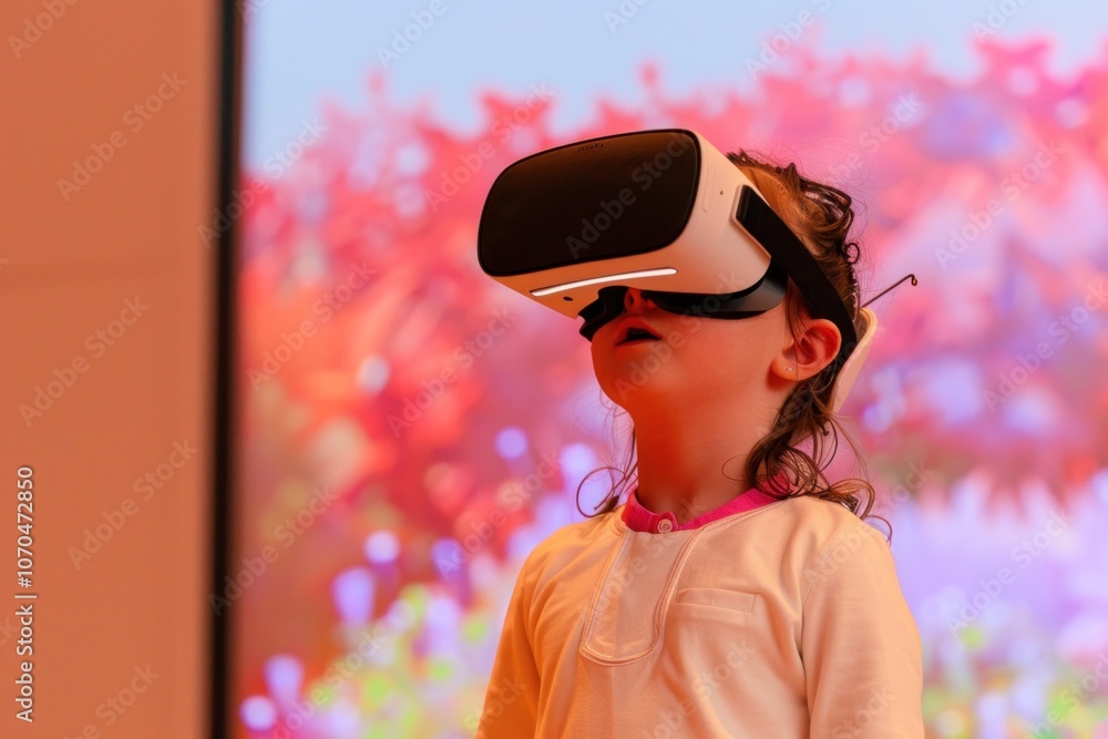 Poster child immersed in virtual reality experience with vr headset, exploring a virtual ai world with awe 
