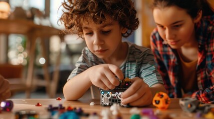 Curious kids building robots with creative blocks and imagination