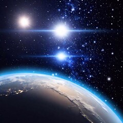 Obraz premium A high-resolution ultrarealistic image of a cosmic sunrise over a planetary horizon, possibly Earth, captured from space.