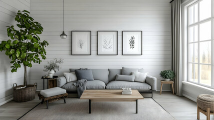Cozy Minimalist Farmhouse Living Room with White Shiplap Walls, Gray Sofa, Natural Wood Coffee Table, and Soft Lighting for a Welcoming, Rustic Atmosphere