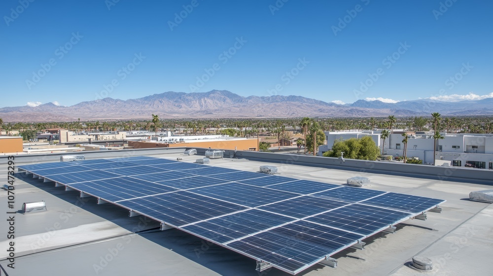 Poster a rooftop solar panel array on a building in a city with mountains in the background.