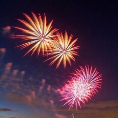 golden and silver fireworks erupting across a crimson sky, taken from a flatlay angle with a focus pull transitioning from the foreground explosions to those farther away, creating a sense of motion