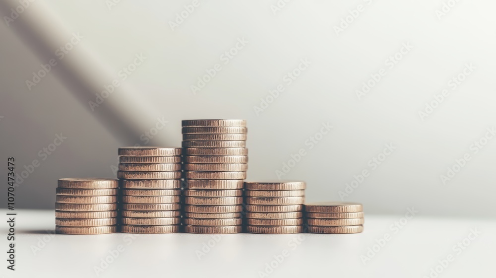 Poster a row of coins stacked in increasing height on a white surface.