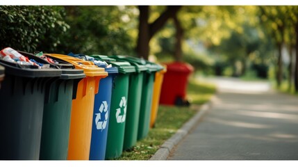 A row of colorful recycling bins lined up along a sidewalk in a park.