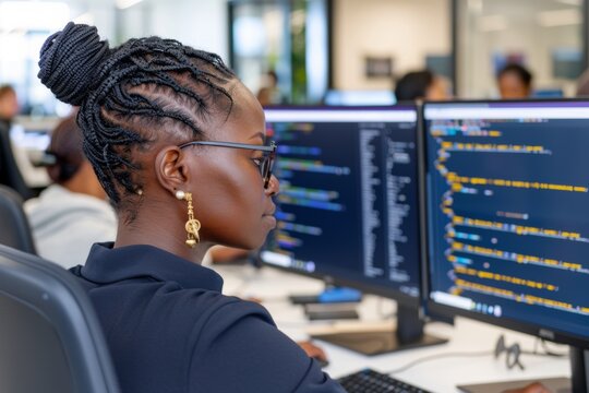 Software developer focused on coding in modern office setting.