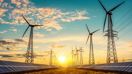 Obraz premium A row of solar panels and wind turbines stand against a vibrant sunset, symbolizing renewable energy and a sustainable future.