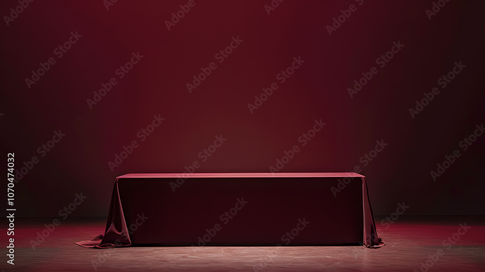 Poster a red tablecloth is draped over a table. the table is empty