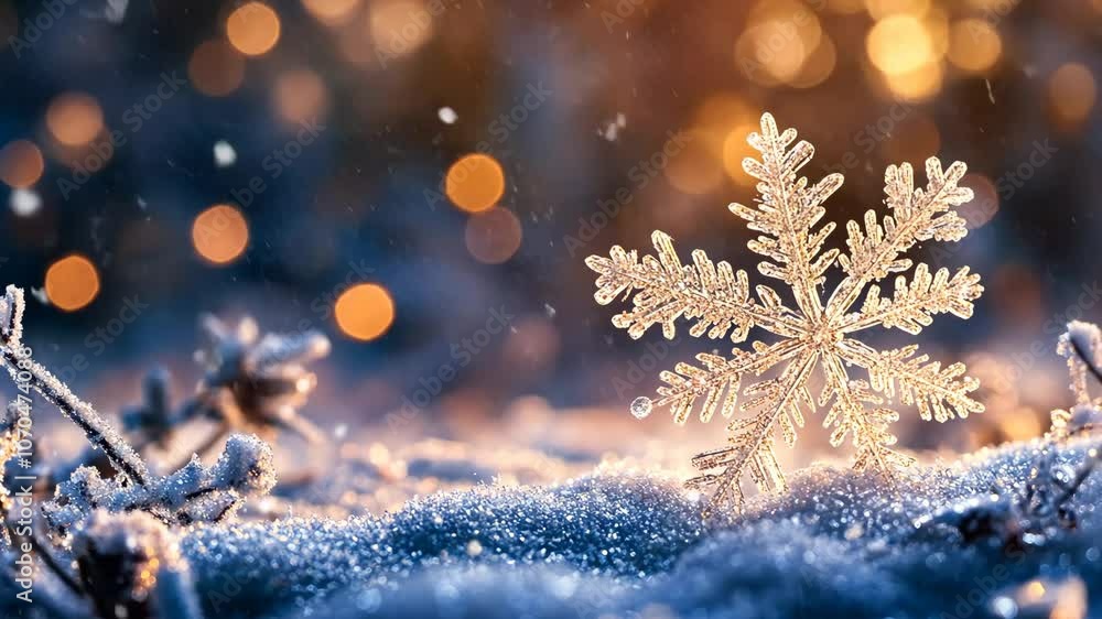 Poster a large snowflake rests on the snowy ground, illuminated by warm light filtering through the trees