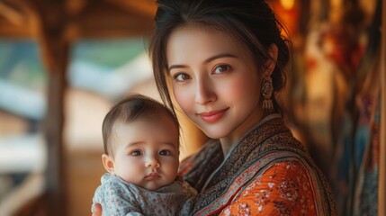 Mother holding baby outdoors.
