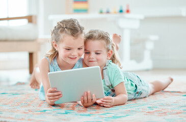 Girls, tablet and children in home for bonding, development and playing games with app or internet. Siblings, learning and watch cartoon for happy family, streaming video and social media on weekend
