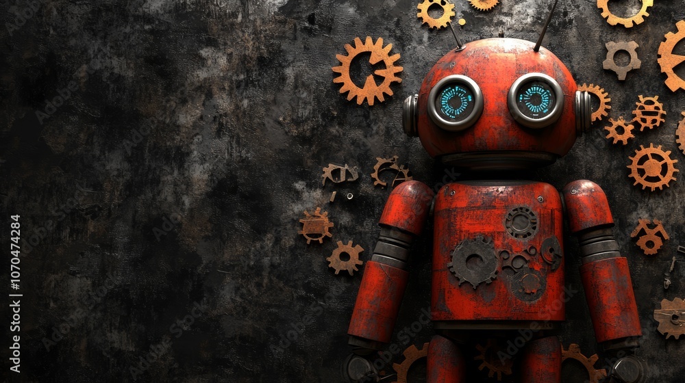 Poster a rusty robot lies on a grunge background surrounded by cogs.