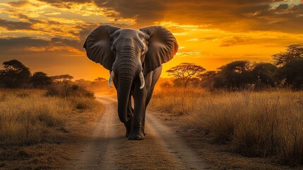 Majestic elephant walking on a dirt road at sunset in the savannah