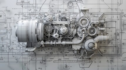 A drawing of a machine with many parts and a ruler. The drawing is of a machine that is not working