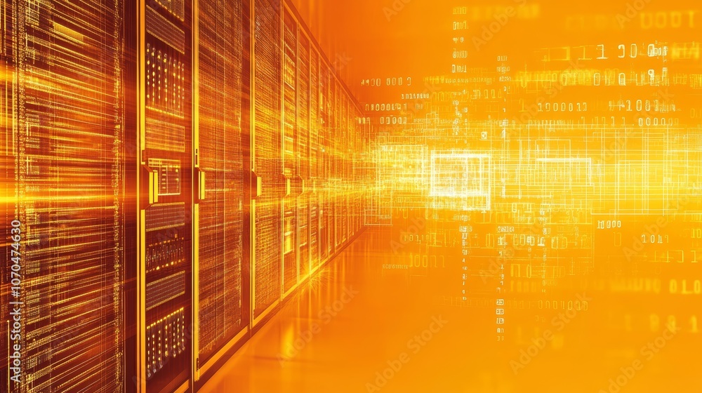 Poster a server room with rows of servers and a glowing orange background with data streaming through the a