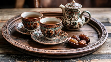 Fototapeta premium Antique wooden tray holding tea cups and date bowls. Copy space