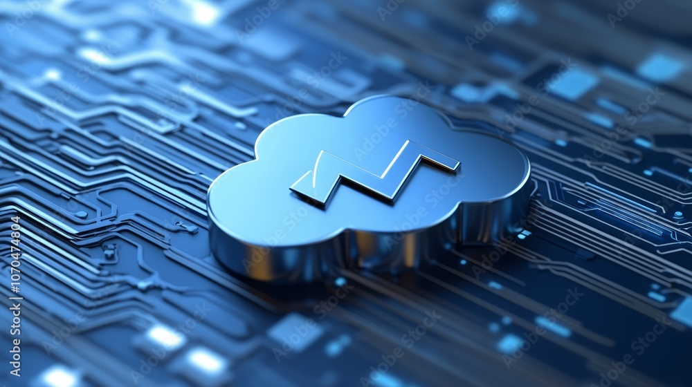 Poster a silver cloud with a lightning bolt symbol sits on a blue circuit board, representing cloud computi