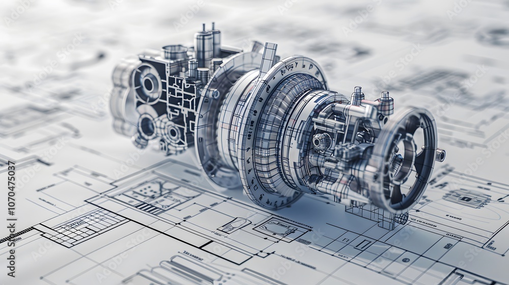 Poster a mechanical part is shown on a drawing of a machine. the drawing is in black and white and the part