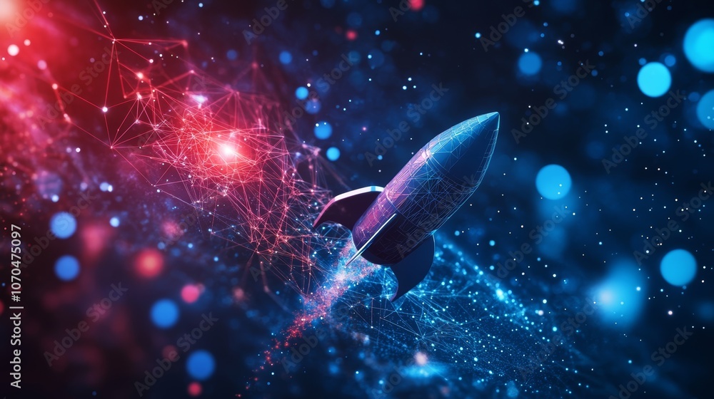 Poster a silver rocket ship soars through a glowing network of connected lines and dots, representing techn