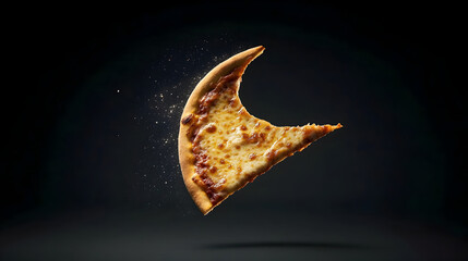 Fototapeta premium A slice of pizza shaped like a crescent moon, floating in an empty space.