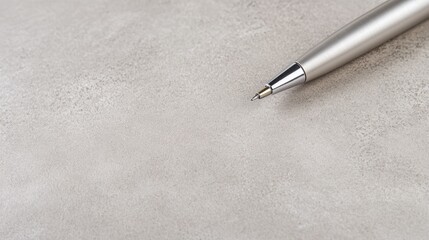 A silver pen lays on a gray surface with copy space.