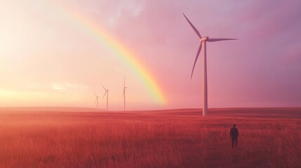 Fototapeta premium A single man stands in a field of tall grass, silhouetted against a vivid sunset and a rainbow. Behind him, three wind turbines tower against the sky, representing a commitment to clean energy
