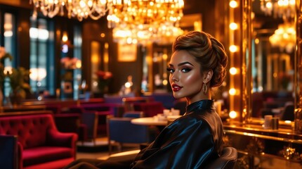 Obraz premium Elegant woman in luxurious lounge setting with glamorous lighting and chic decor