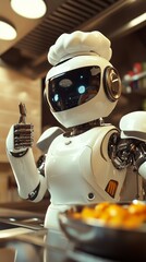 Robot chef showing thumbs up while cooking in modern kitchen