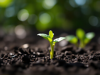 Fototapeta premium Green sprouts emerging from rich, dark soil, symbolizing growth and renewal in nature.