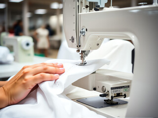 A person focused on sewing fabric using a sewing machine in a well-lit workspace.