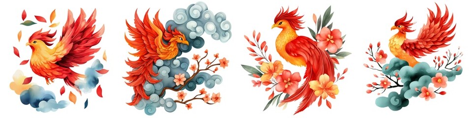 Obraz premium A vibrant collection of fiery phoenix illustrations amidst flowers and clouds, showcasing rich colors and artistic flair.